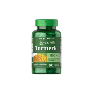 Puritan's Pride Turmeric 800 mg offers 100 rapid release capsules with curcumin in a green bottle, labeled as a natural whole herb dietary supplement.